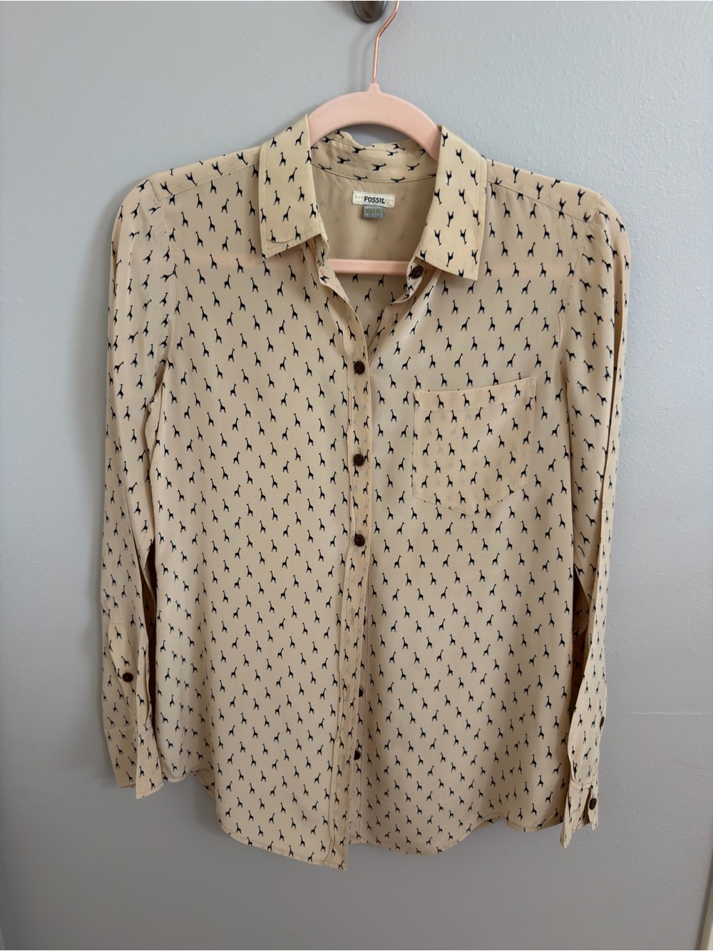 Fossil Beige Giraffe Print Button-Down Long Sleeve Silk Chiffon Blouse